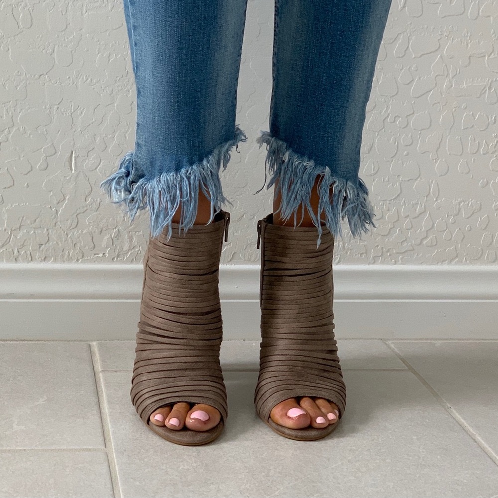 Tan Slashed Peep Toe Block Heel Open Back Bootie